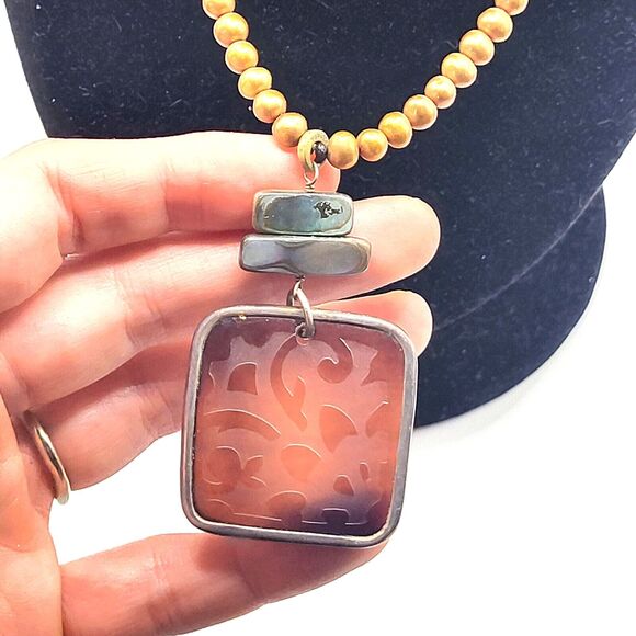 Silpada Gold Pearl, Abalone, Silver Brown Glass Pendant 90s Bohemian 18.5in - Picture 5 of 6